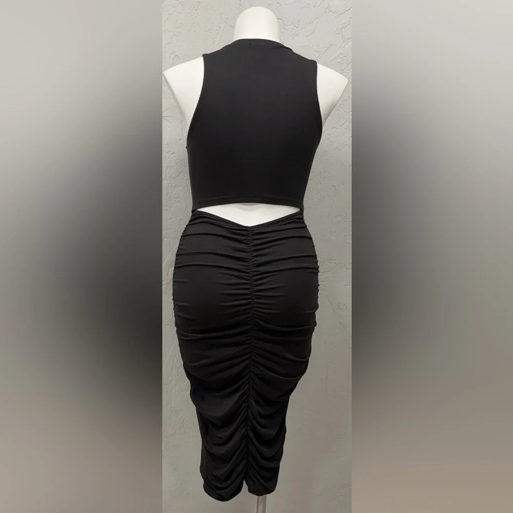 Fashion Nova Black Bodycon Midi Dress Open Back Ruched Club Party Dress Large - Picture 2 of 3